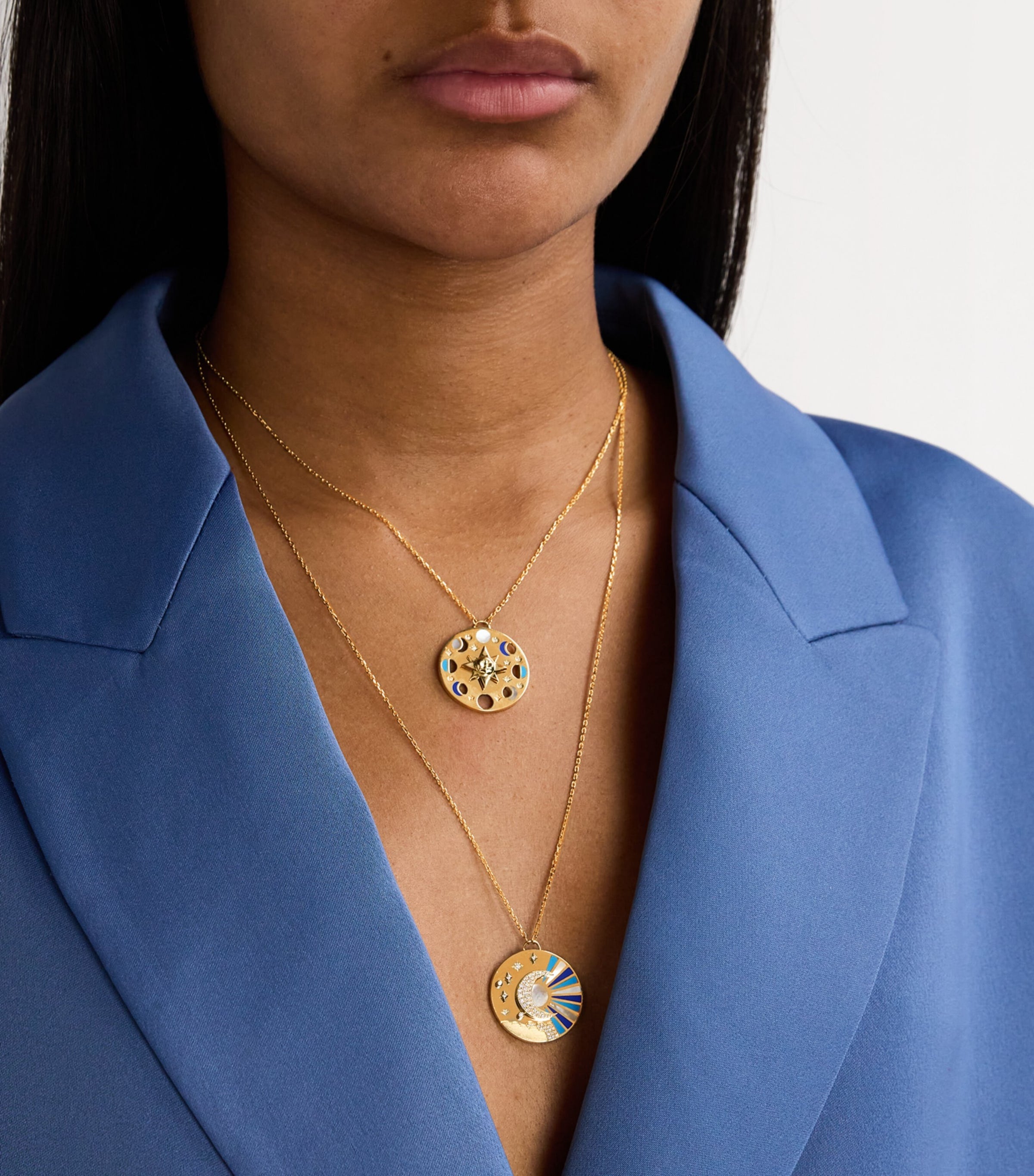 L'Atelier Nawbar yellow gold diamond lapis turquoise moon phase necklace, UK version