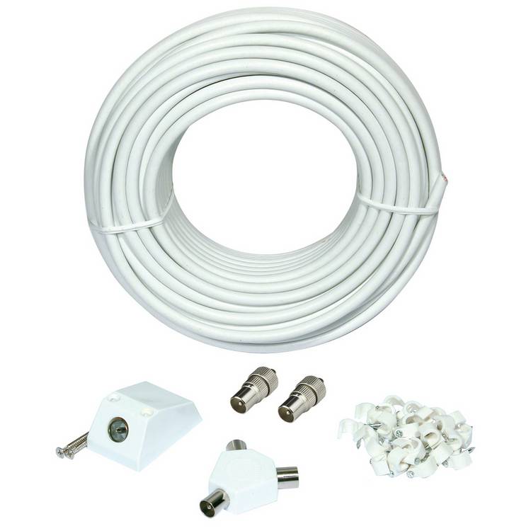 White 25m aerial extension lead with socket and clips, UK version
