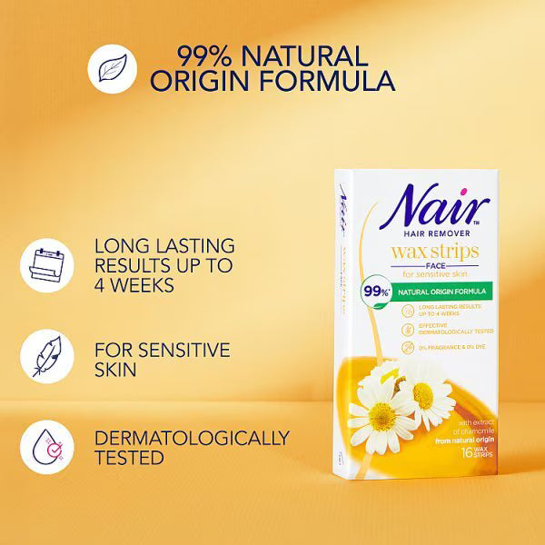 Nair Chamomile face cold wax strips 16 count, imported from the UK