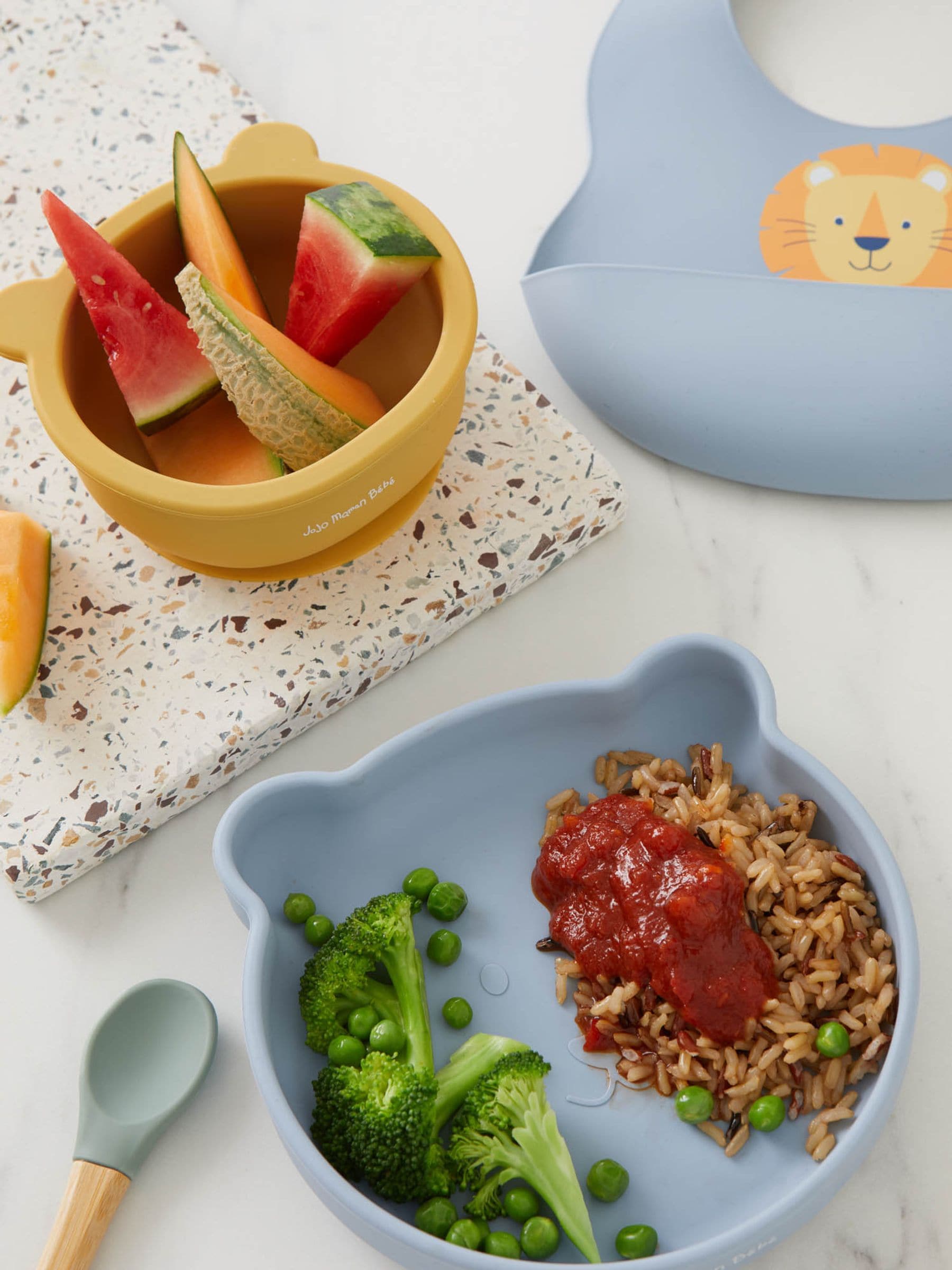 JoJo Maman Bébé blue silicone mealtime bear set, UK version