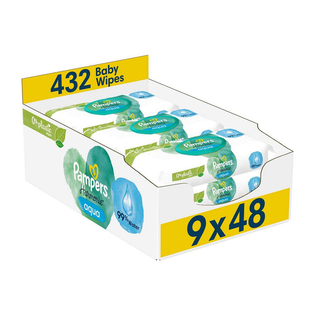 Pampers Harmonie Aqua Baby Wipes Plastic Free 9 Packs = 432 Wipes