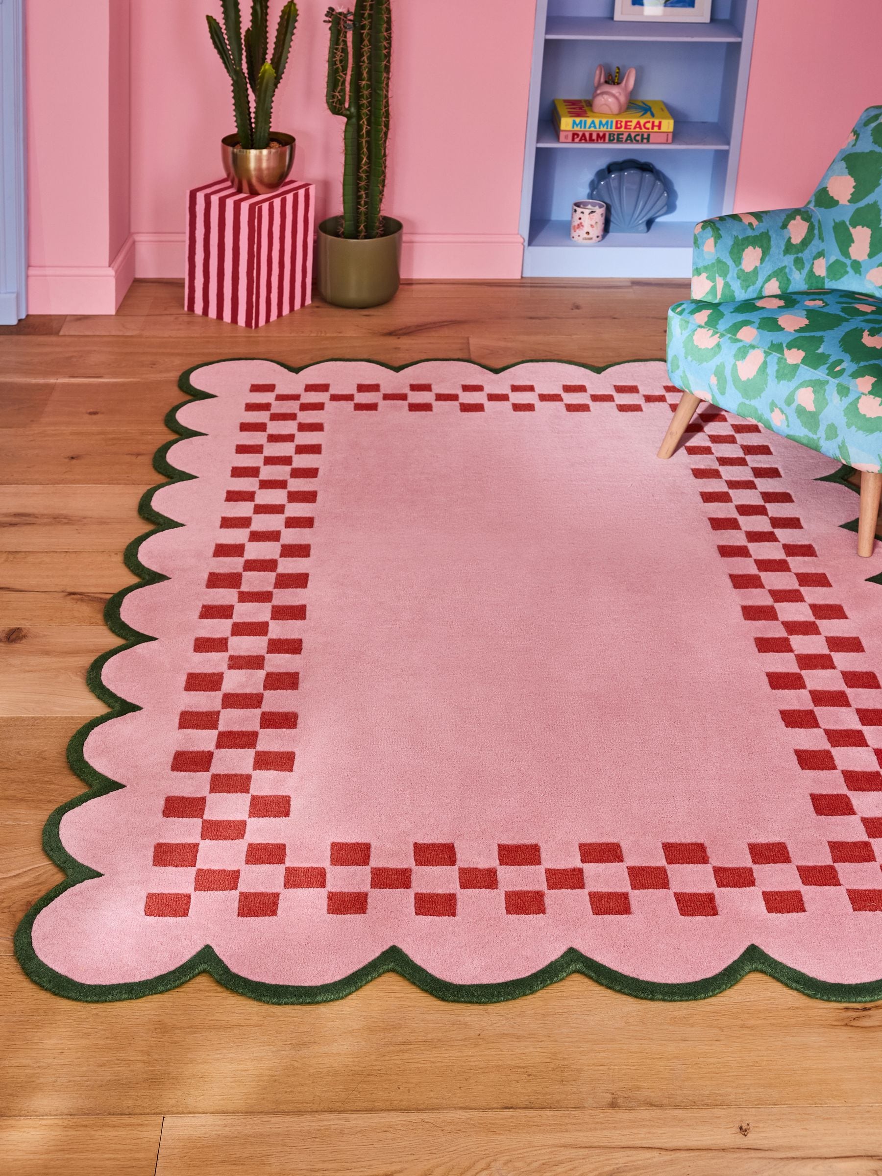 Eleanor Bowmer pink scallop checkerboard wool tufted rug, UK version