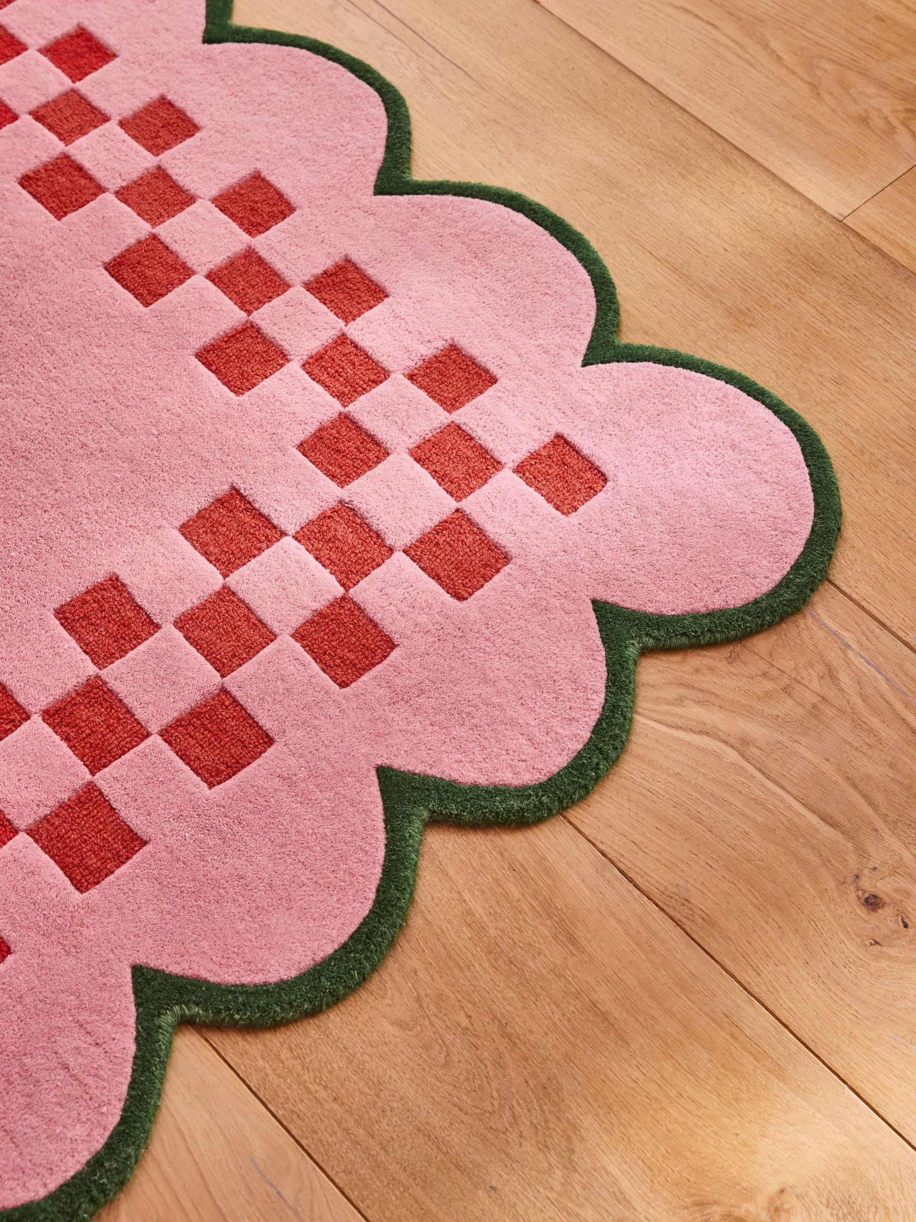 Eleanor Bowmer pink scallop checkerboard wool tufted rug, UK version