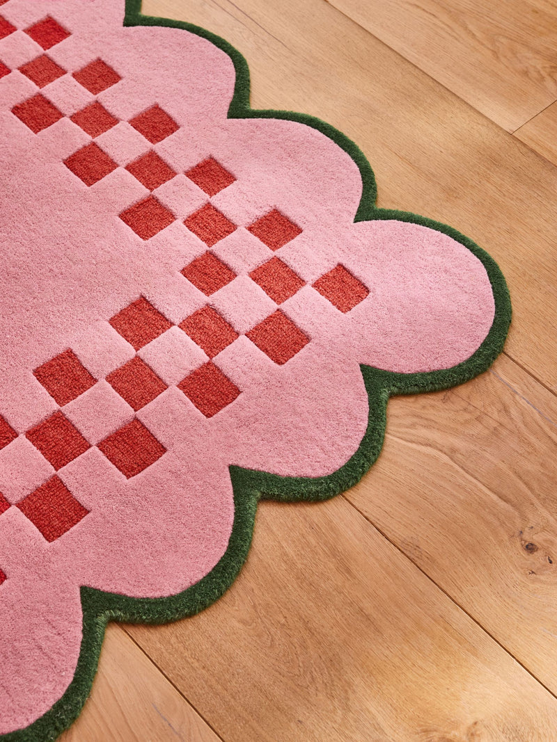 Eleanor Bowmer pink scallop checkerboard wool tufted rug, UK version