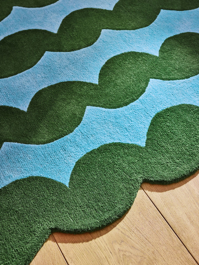 Eleanor Bowmer wool tufted rug green blue wavey, imported from the UK