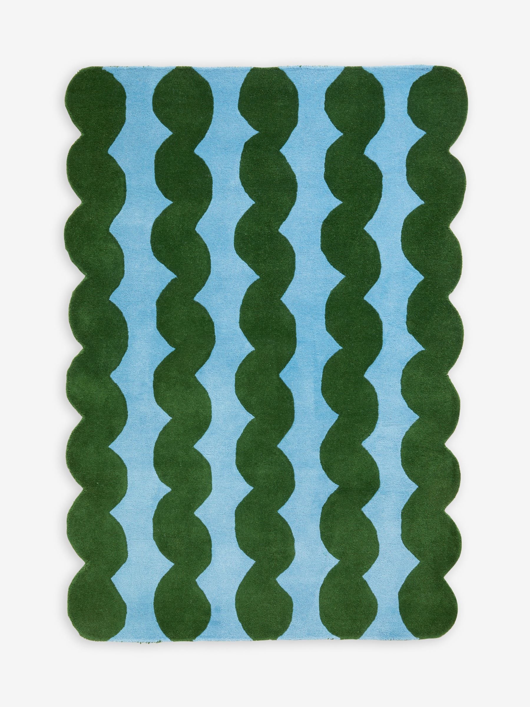 Eleanor Bowmer wool tufted rug green blue wavey, imported from the UK