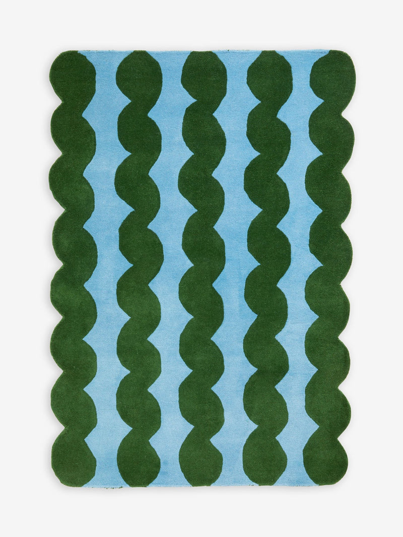 Eleanor Bowmer wool tufted rug green blue wavey, imported from the UK