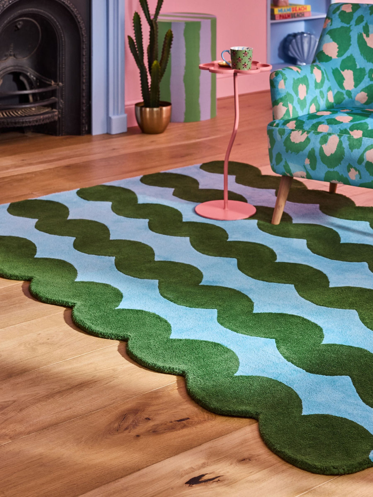 Eleanor Bowmer wool tufted rug green blue wavey, imported from the UK