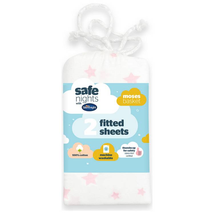 Silentnight pink fitted sheets for Moses basket 2-pack, imported from the UK
