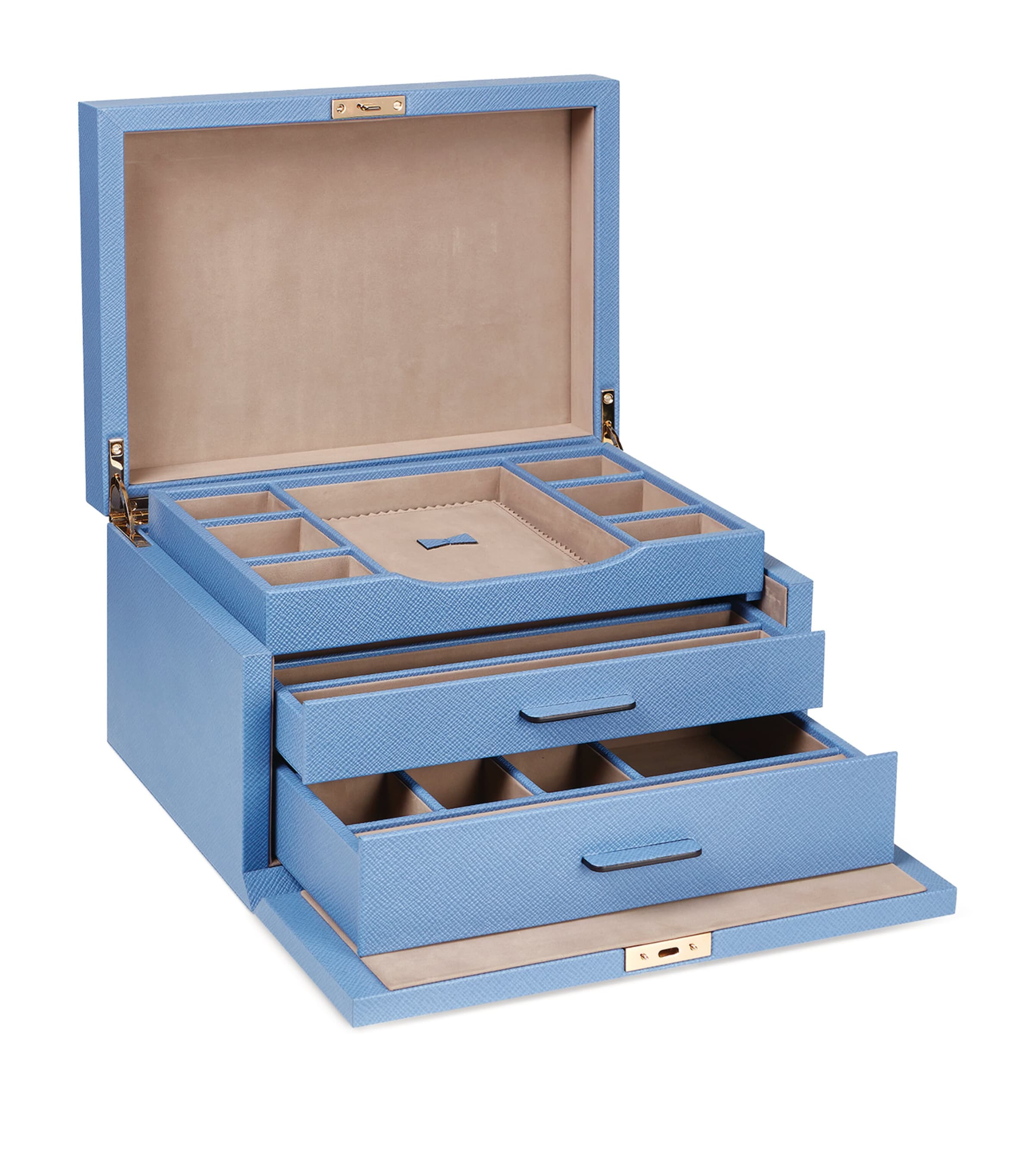Smythson Panama jewellery box with three drawers and turnlock fastening (British brand)