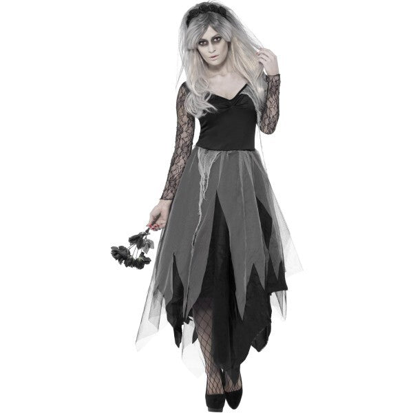 Smiffys Graveyard Bride costume in black with rose veil - British product