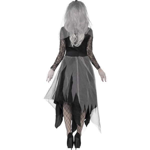 Smiffys Graveyard Bride costume in black with rose veil - British product