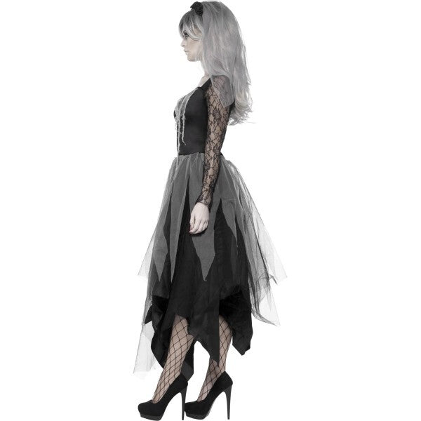 Smiffys Graveyard Bride costume in black with rose veil - British product