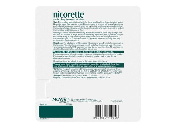 DNR Nicorette® Cools 2mg Icy Mint Lozenge 80s (Stop Smoking) GOODS Superdrug   