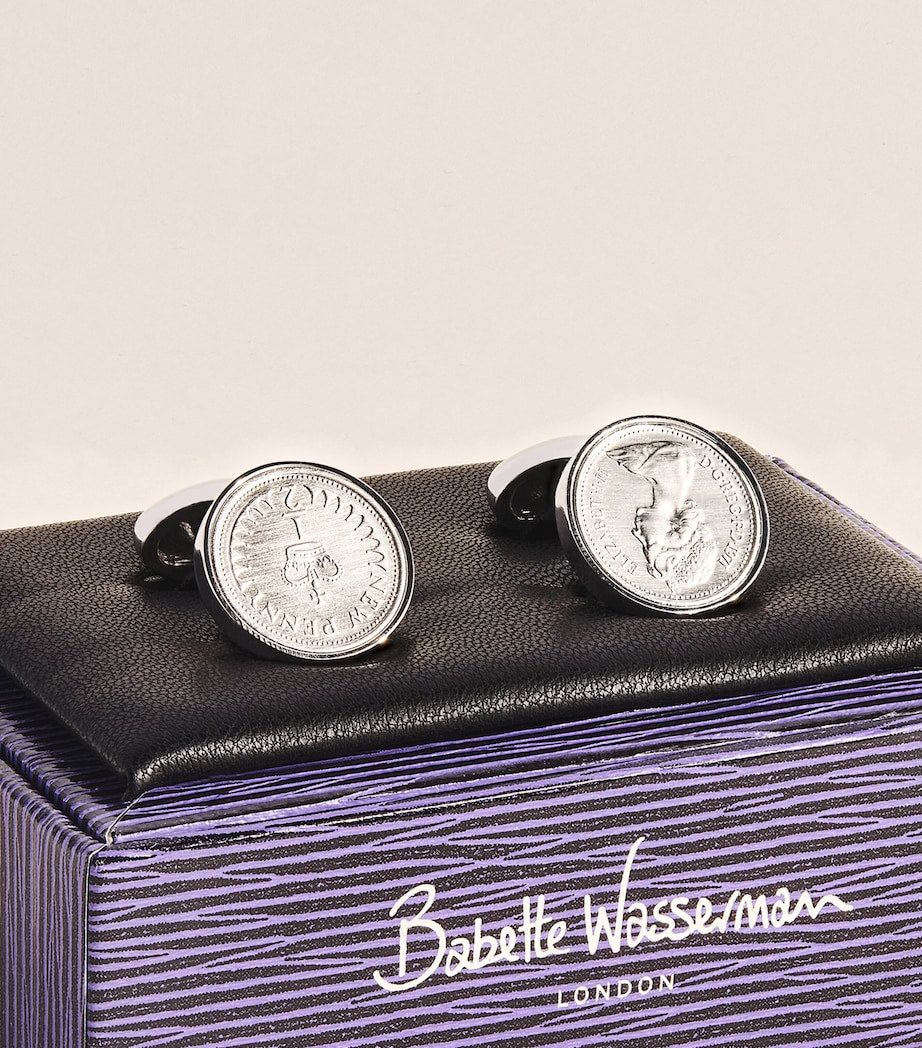 Boutons de manchette Babette Wasserman plaqués rhodium demi-penny - produit britannique
