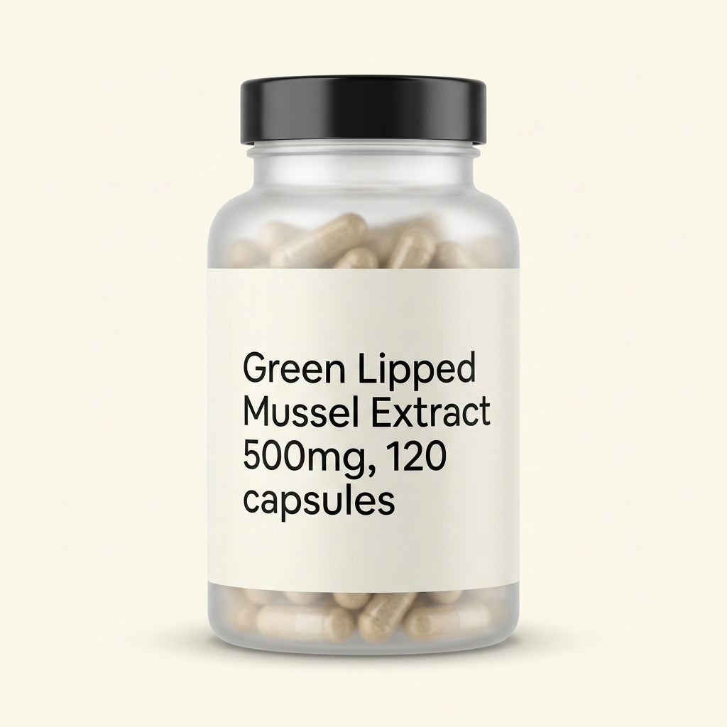 Holland & Barrett green lipped mussel 500mg capsules, imported from the UK
