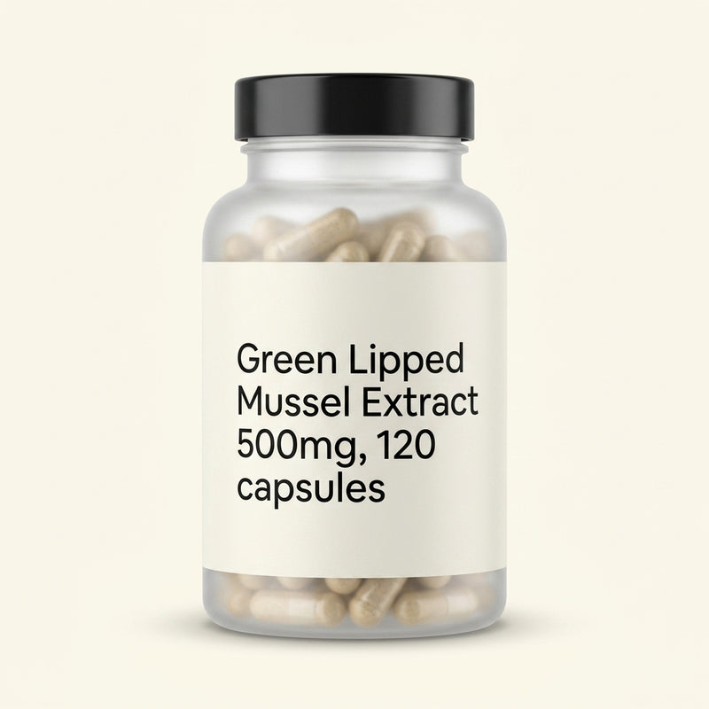 Holland & Barrett green lipped mussel 500mg capsules, imported from the UK