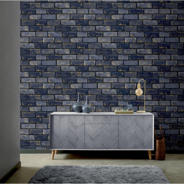 Arthouse metallic brick navy blue wallpaper (British brand)