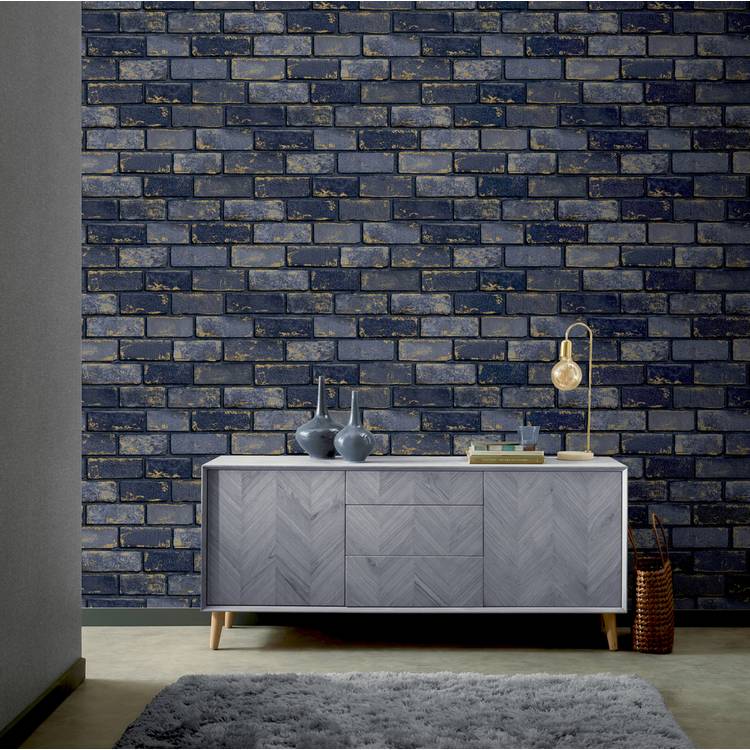 Arthouse metallic brick navy blue wallpaper (British brand)
