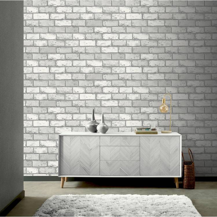 Arthouse metallic brick silver wallpaper British brand