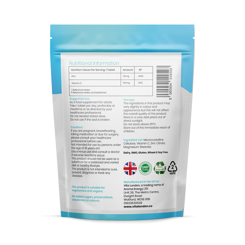 Vita London Vitamin C & Zinc 120mg tablets 120 count (British brand)