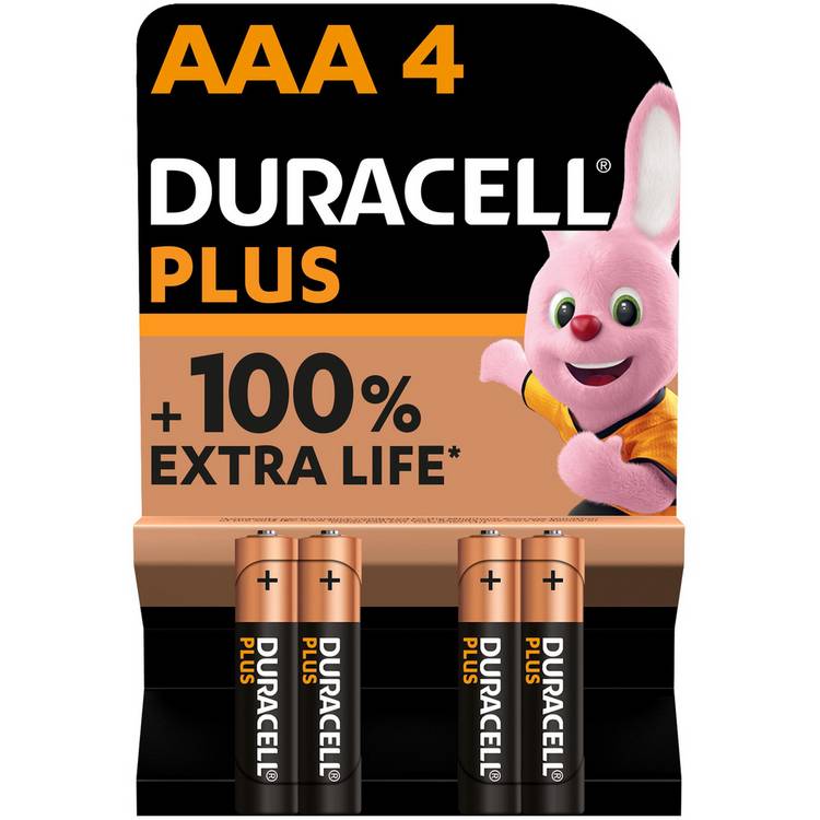 Duracell Plus Alkaline AAA batteries pack of 4 (British brand)