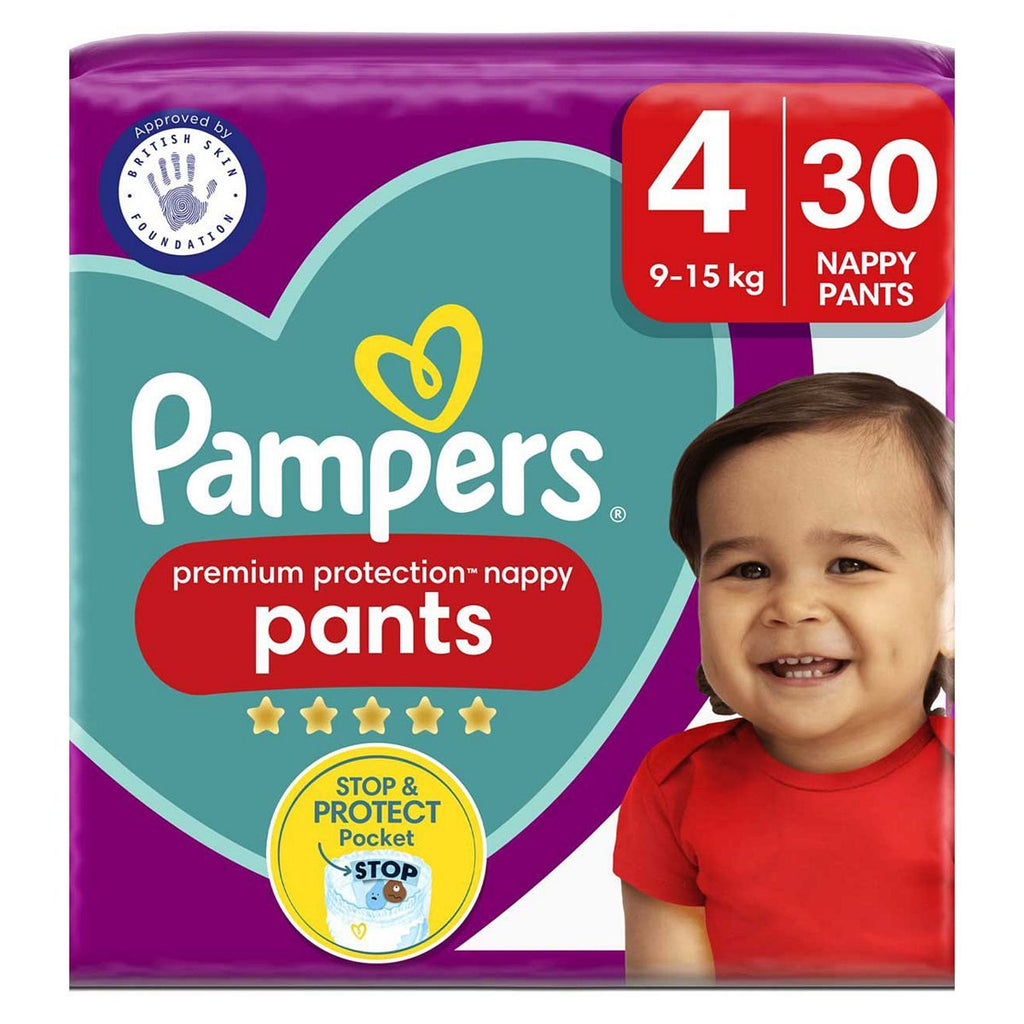 Pampers Premium Protection Nappy Pants Size 4, 30 Nappies, 9kg - 15kg, Essential Pack