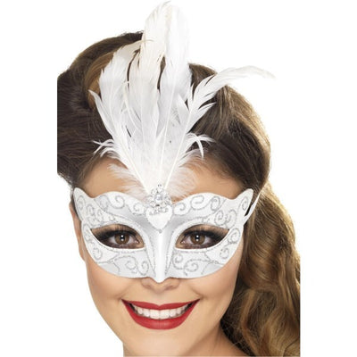 Superdrug Smiffys Venetian Glitter Eyemask Silver with Feathers- Buy online at McGrocer