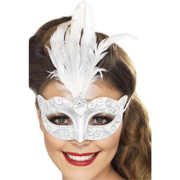Smiffys Venetian glitter eyemask silver with feathers (British brand)