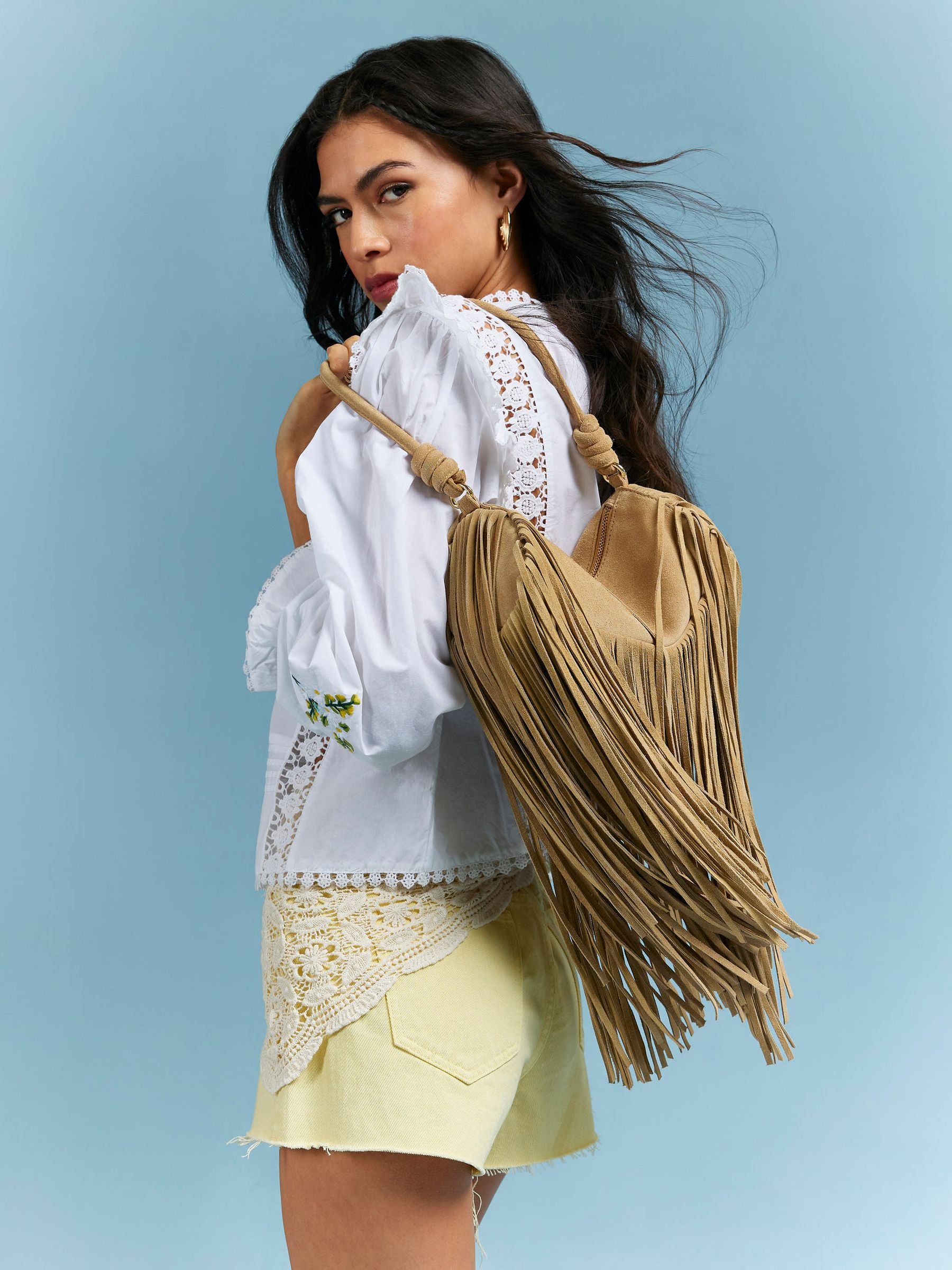 River Island brown mega fringe suede cylinder bag - British product
