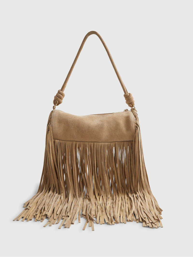 River Island brown mega fringe suede cylinder bag - British product