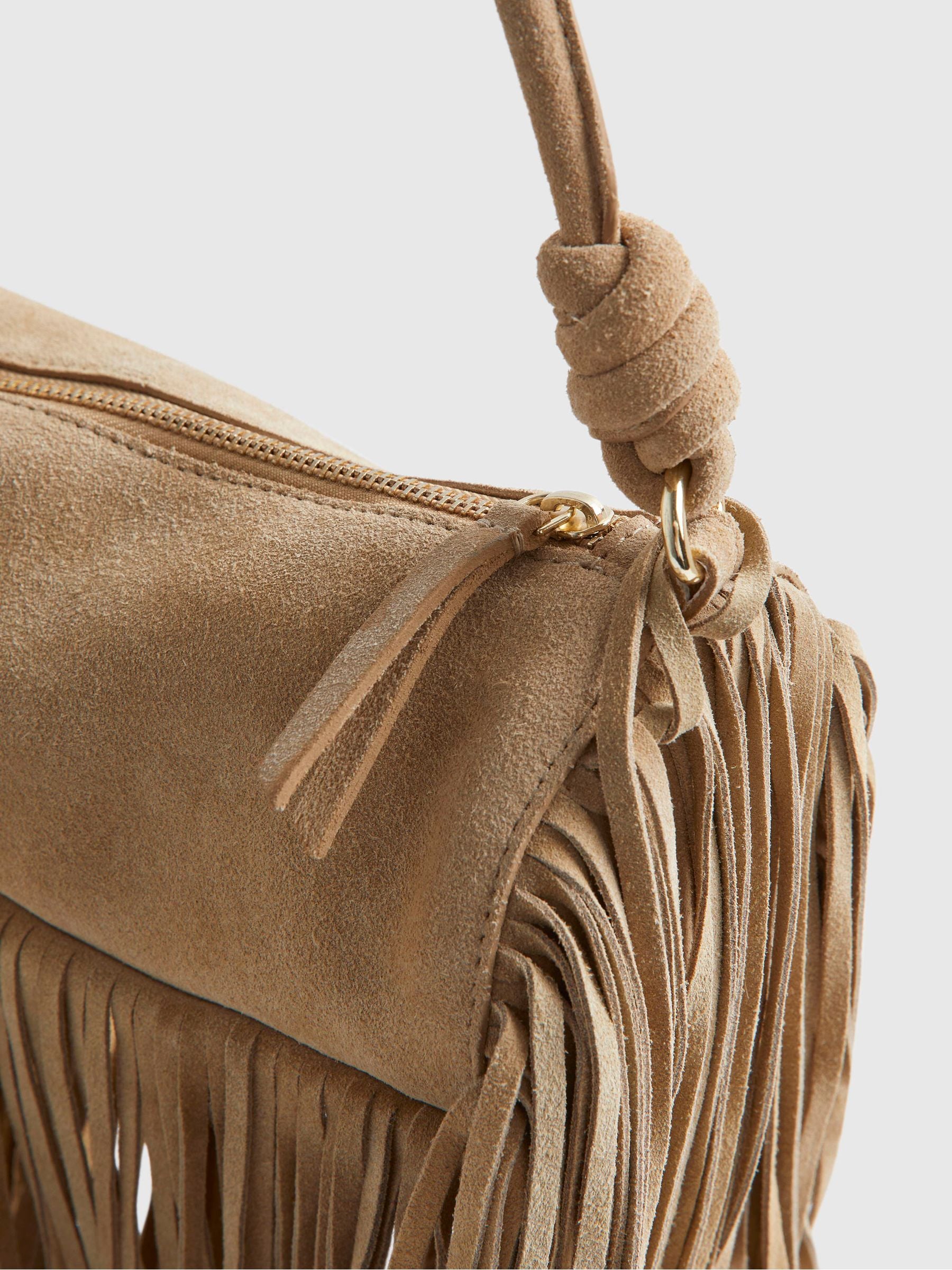 River Island brown mega fringe suede cylinder bag - British product