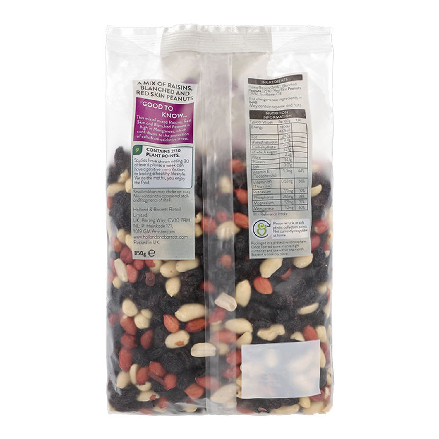 Holland & Barrett mixed peanuts raisins 850g, UK version