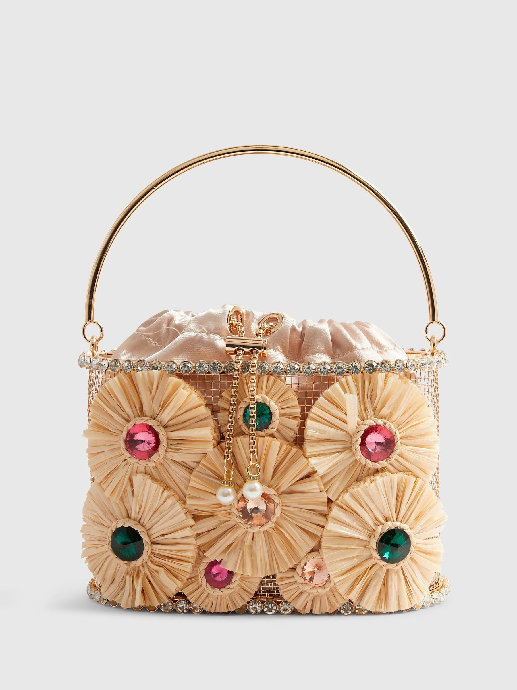 River Island Brown Gem Raffia Flower Basket Bag, UK version