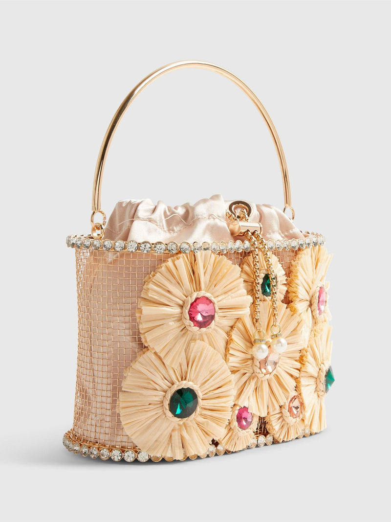 River Island Brown Gem Raffia Flower Basket Bag, UK version
