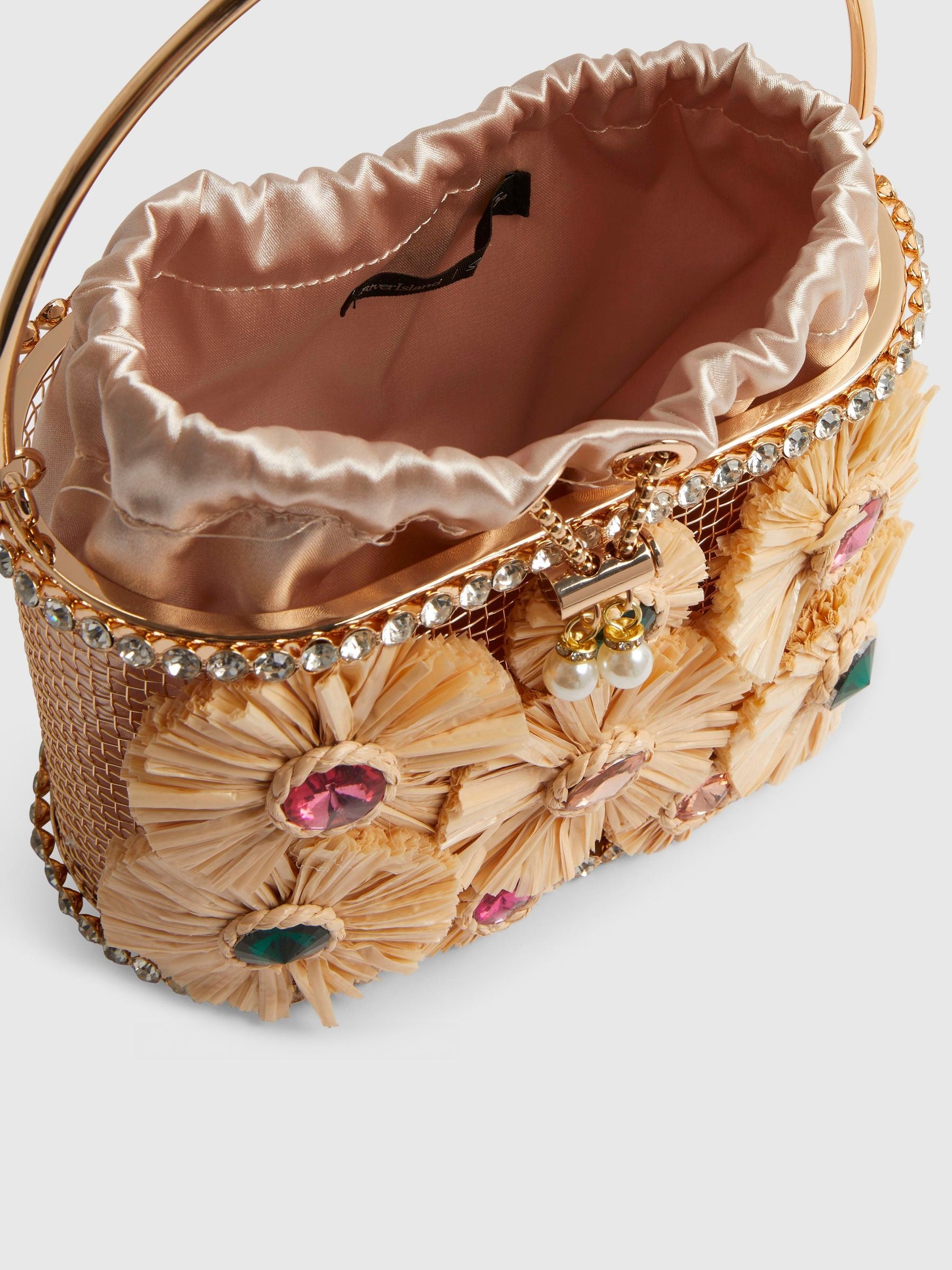 River Island Brown Gem Raffia Flower Basket Bag, UK version