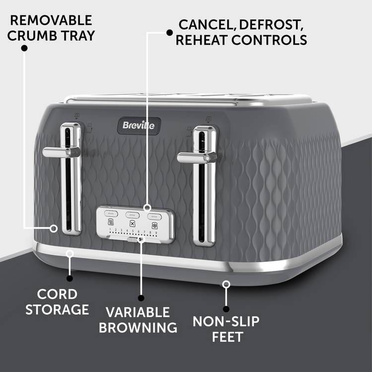 Breville Curve 4-slice toaster grey and chrome, imported from the UK