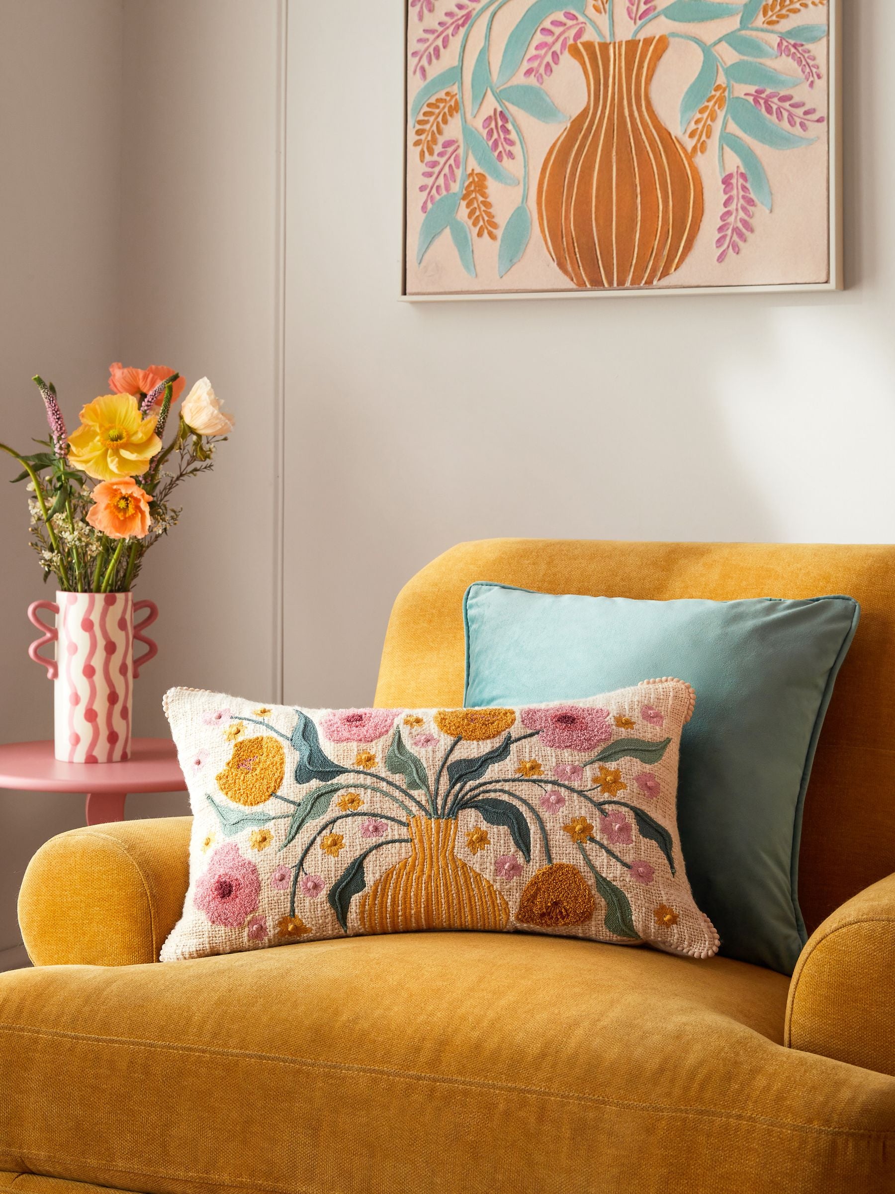 Cream embroidered flower vase cushion 50x30cm - British product