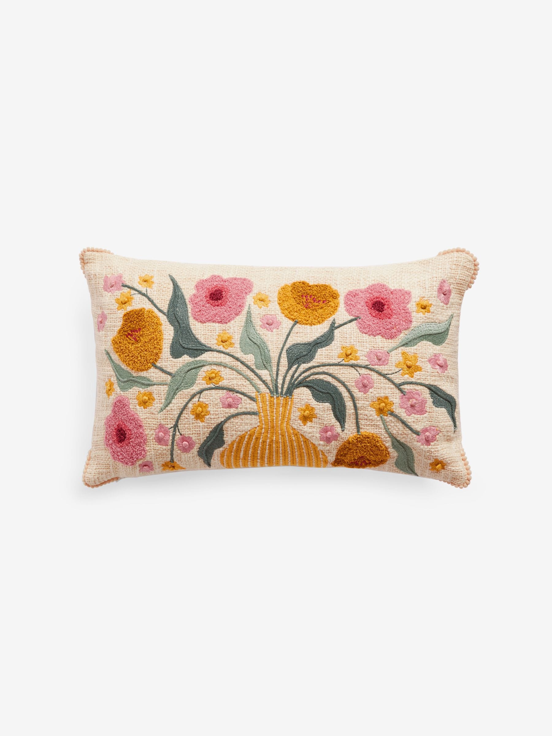 Cream embroidered flower vase cushion 50x30cm - British product