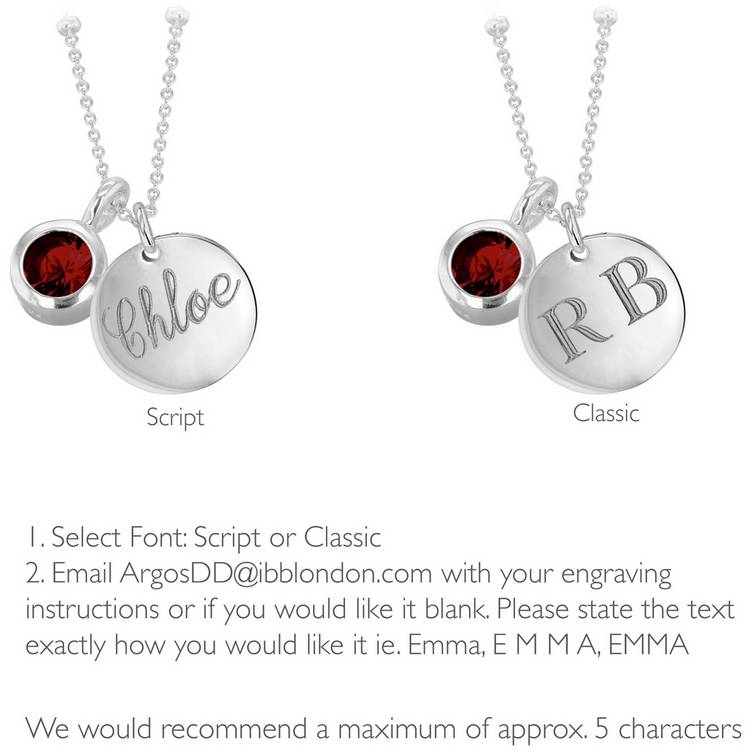 Revere sterling silver pendant with January birthstone and engravable disc, UK version