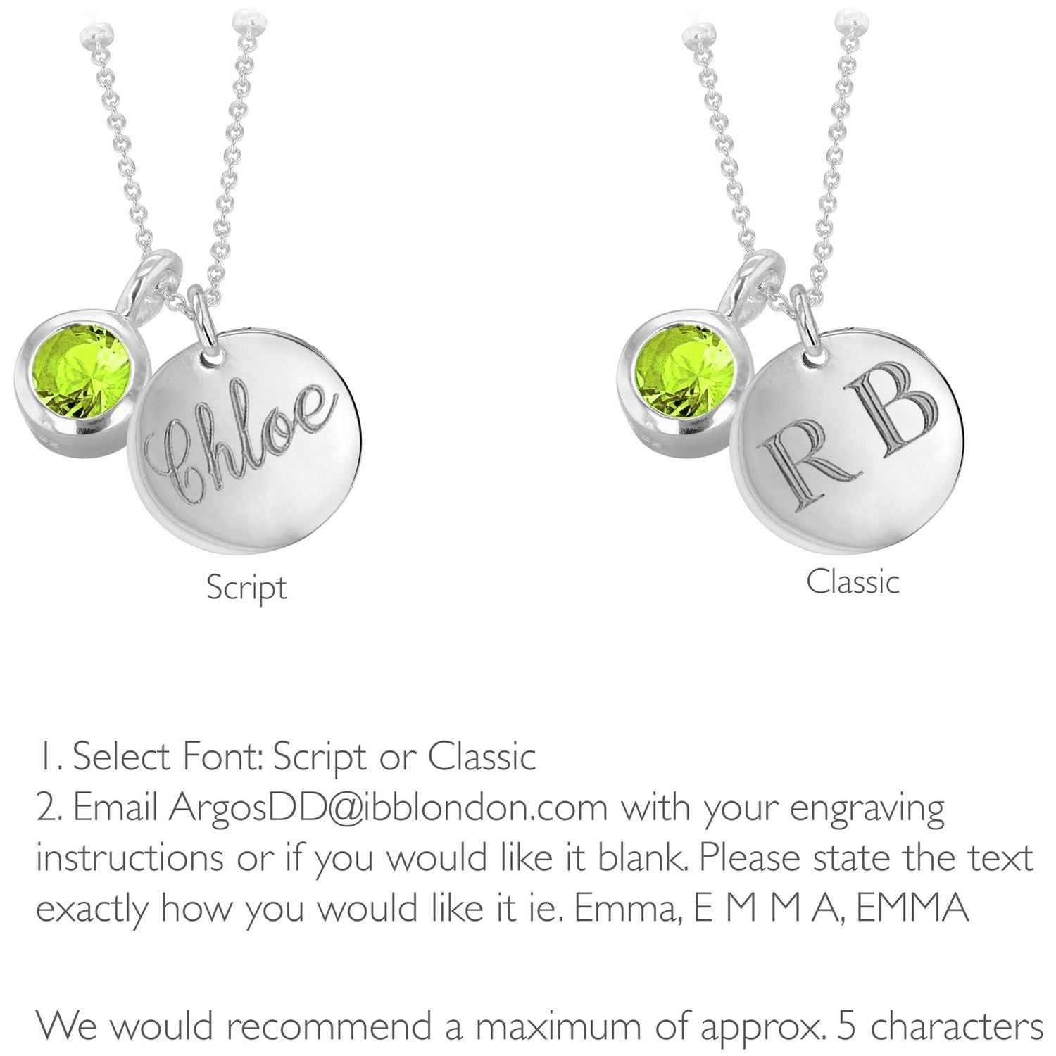Revere sterling silver pendant with August birthstone and engravable disc (British brand)
