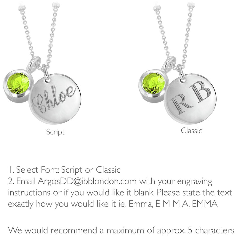 Revere sterling silver pendant with August birthstone and engravable disc (British brand)