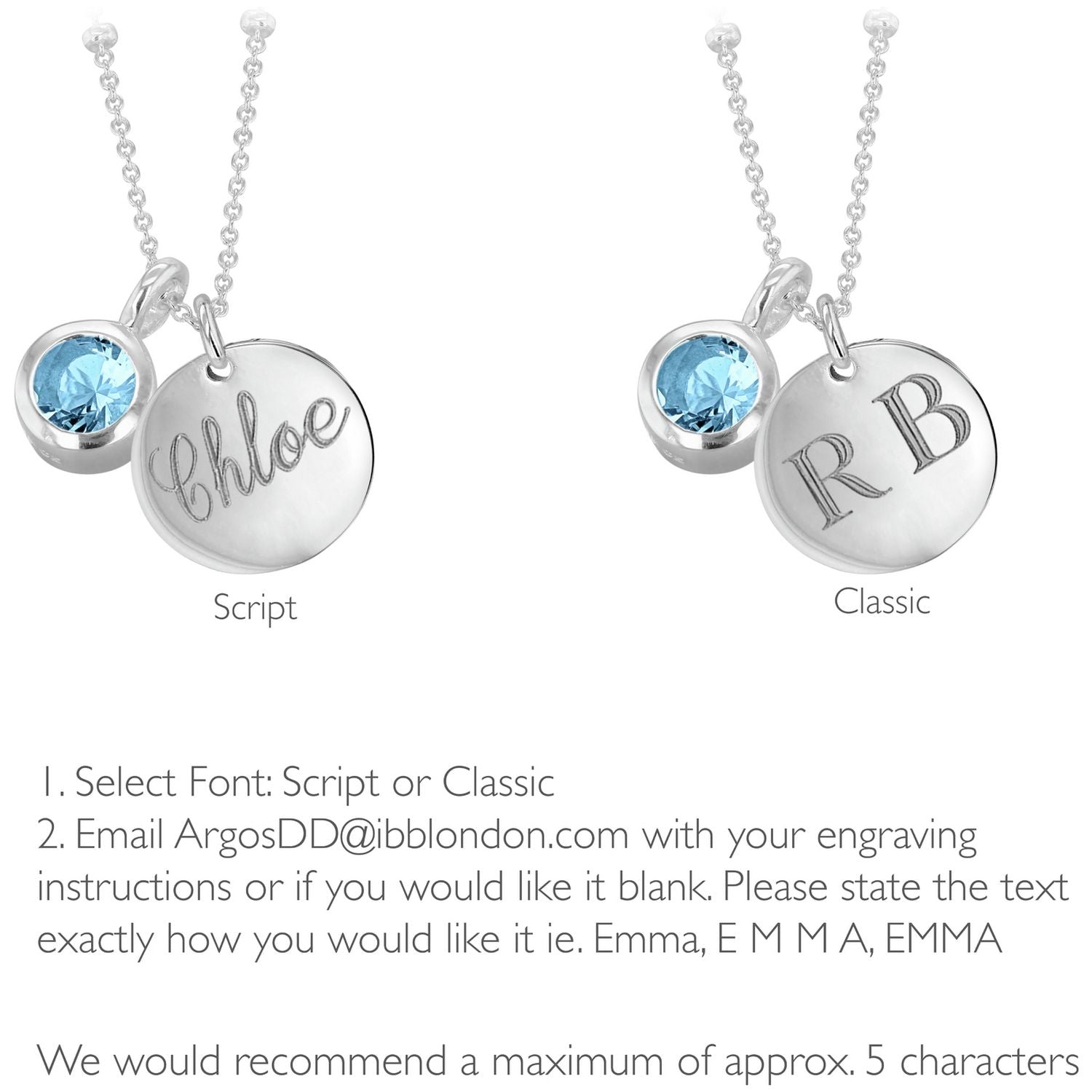 Revere sterling silver December birthstone pendant with personalised disc (British brand)