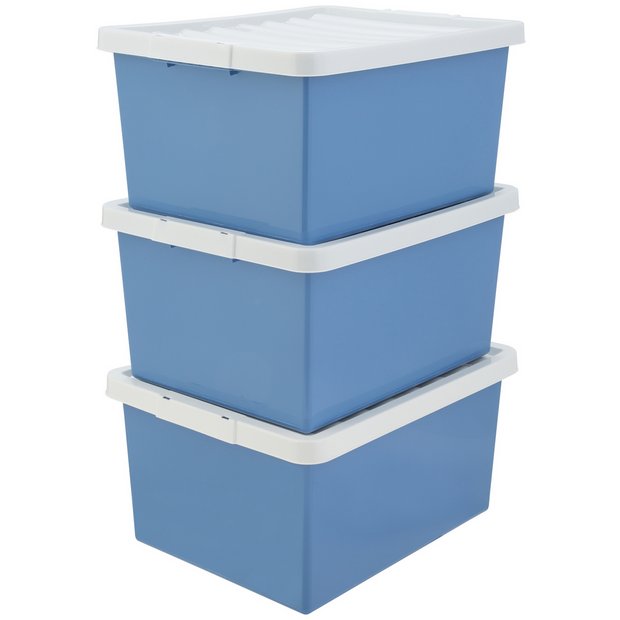 Argos Home blue storage boxes 27L with clip-on lids, imported from the UK