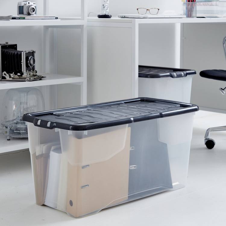 Strata Curve 100L clear plastic storage box with lid, imported from the UK