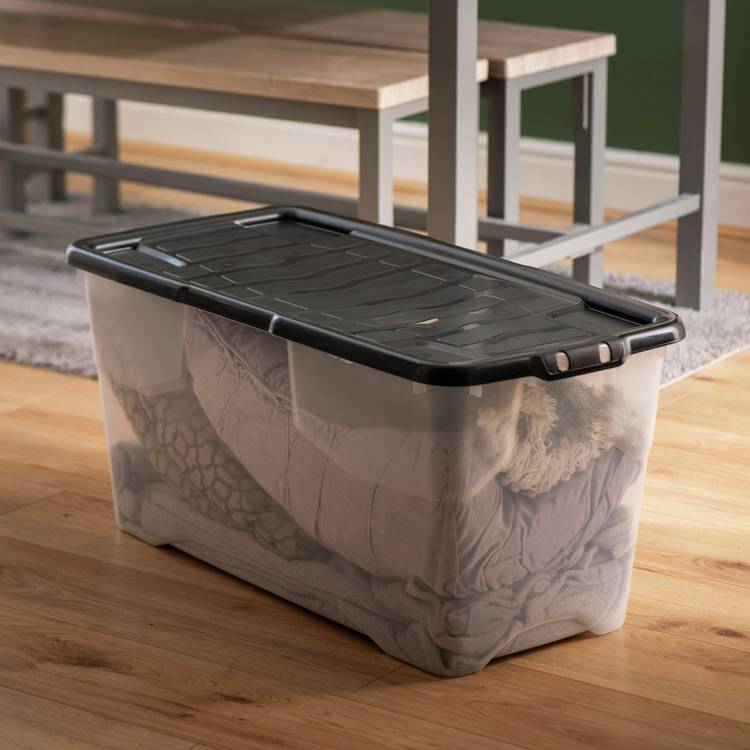 Strata Curve 100L clear plastic storage box with lid, imported from the UK