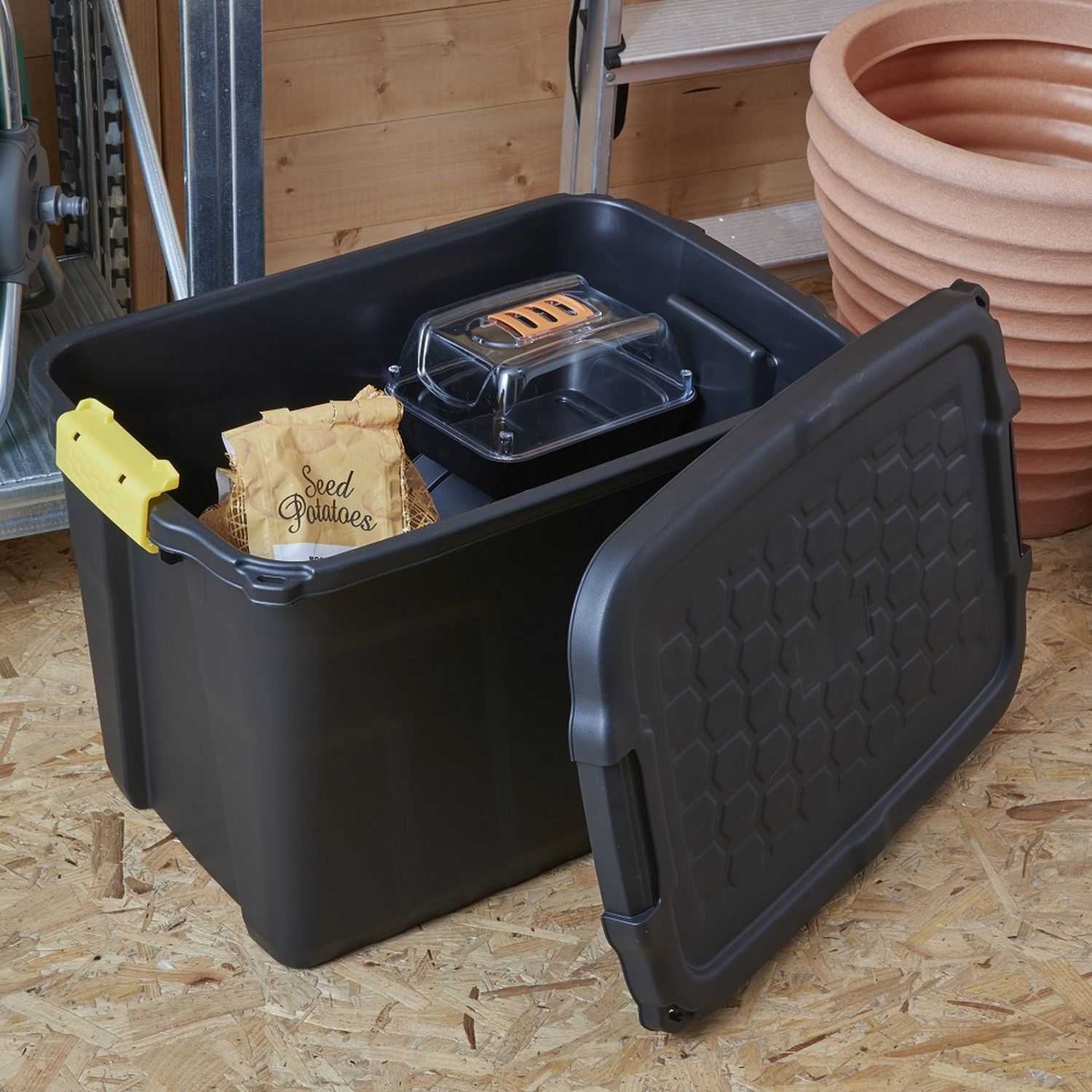 Strata 60L heavy duty plastic storage box black, UK version