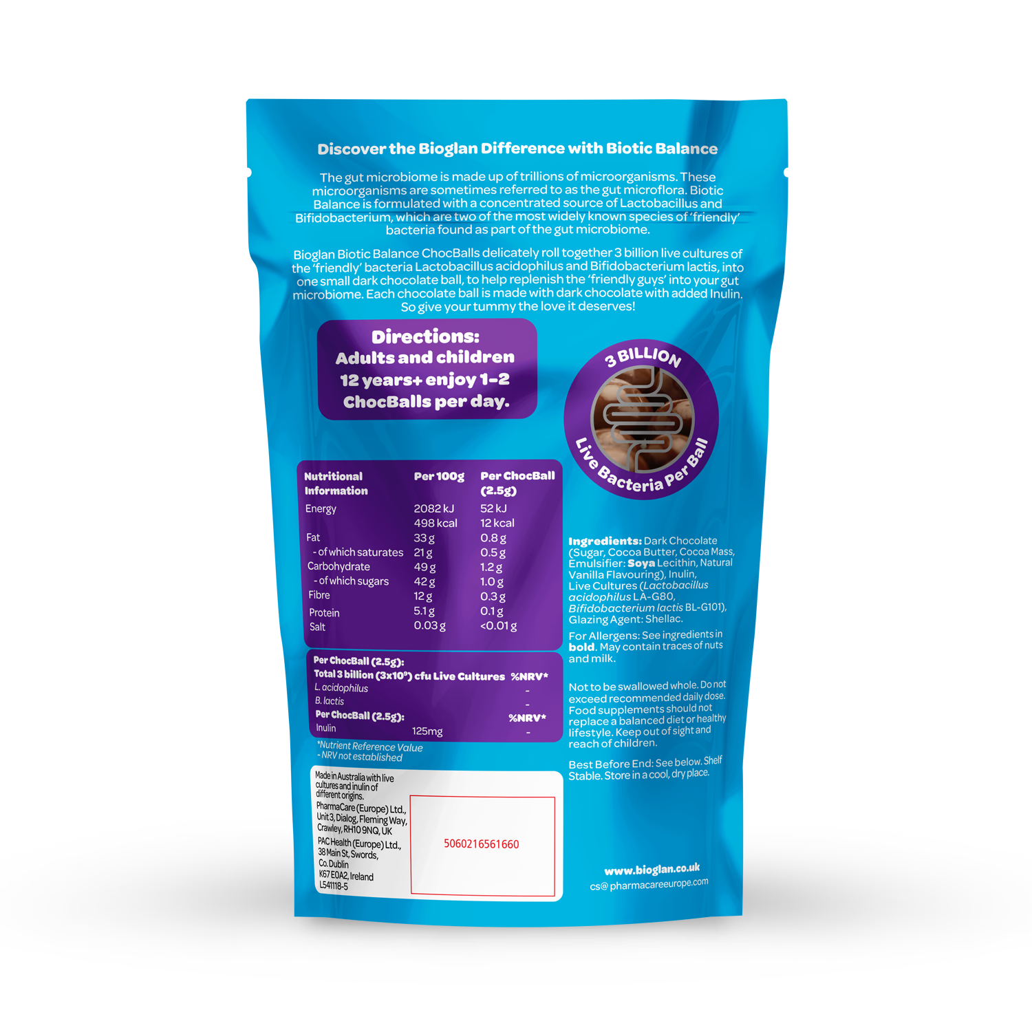 Bioglan probiotic chocolate balls dark flavour 75g - British product