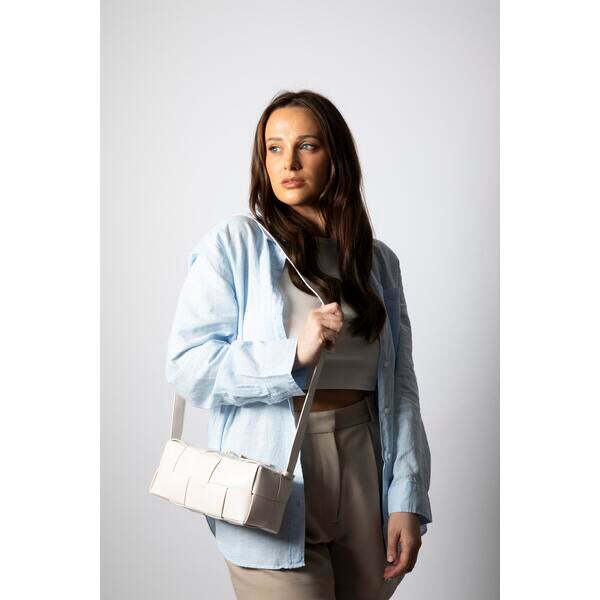 SVNX woven PU shoulder bag in cream, imported from the UK