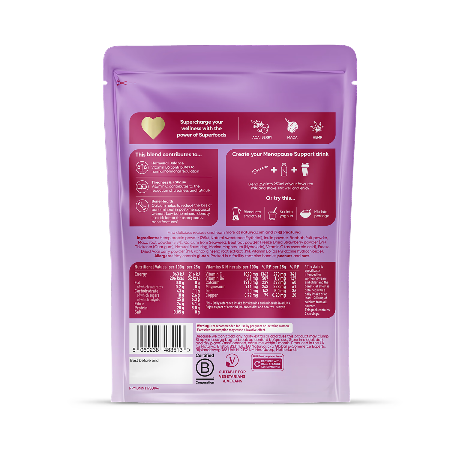 Naturya menopause support mixed berry 175g, imported from the UK
